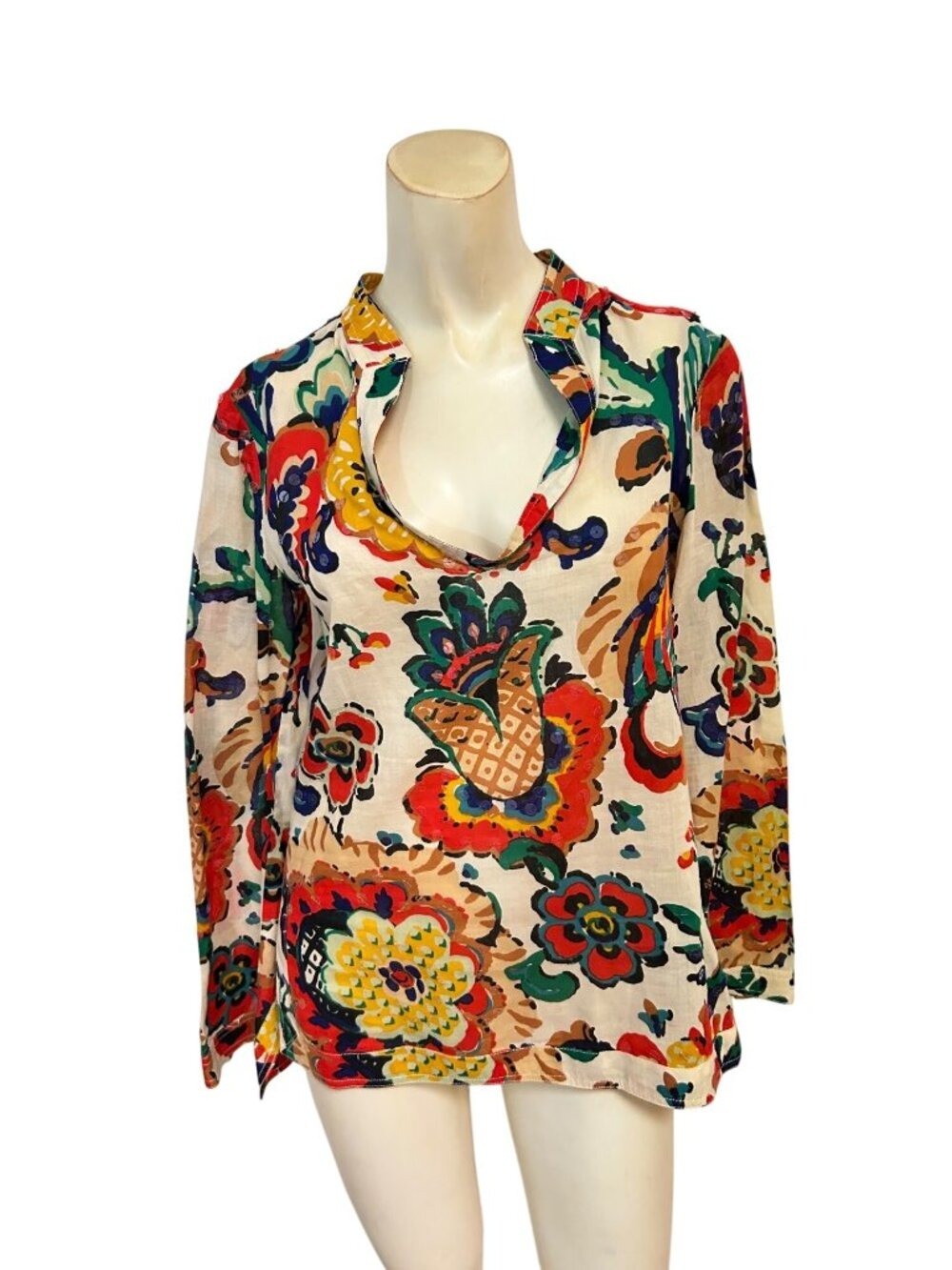 Tory Burch Floral Long-Sleeve Cotton Top Blouse size 2